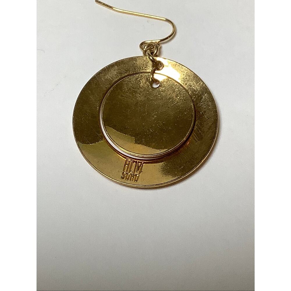 ALM SOHO Gold Tone Double Circle Layered Hoop Disc Dangle Drop Earrings A13-22 - Picture 5 of 6
